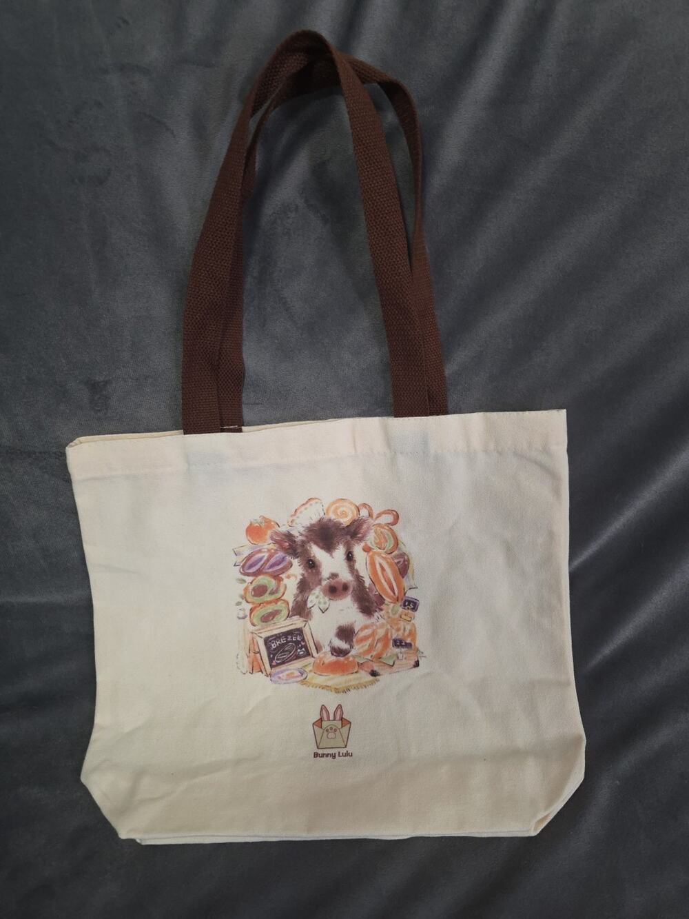 Bunny Lulu Canvas Tote Shoulder Bag Cow Calf Print Cream Brown Double Handle Med